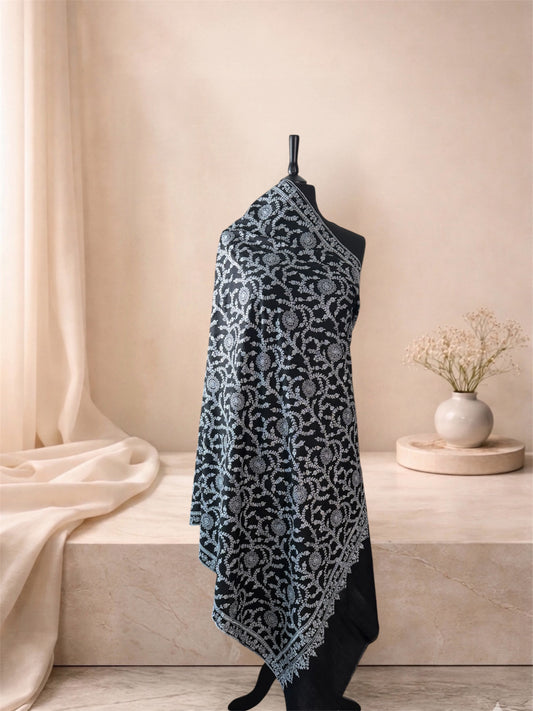 Black Pashmina Shawl with Sozni Ivory Vine & Medallion Jaal