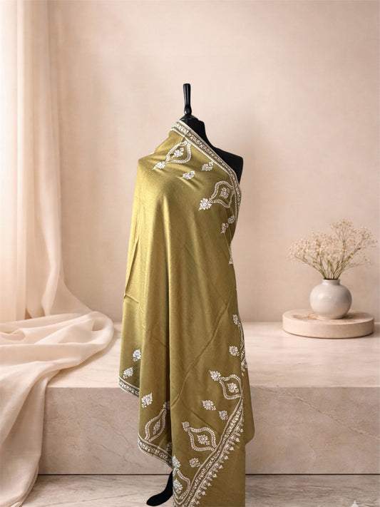 Olive gold pashmina shawl with white Sozni medallions draped on a mannequin, side view
