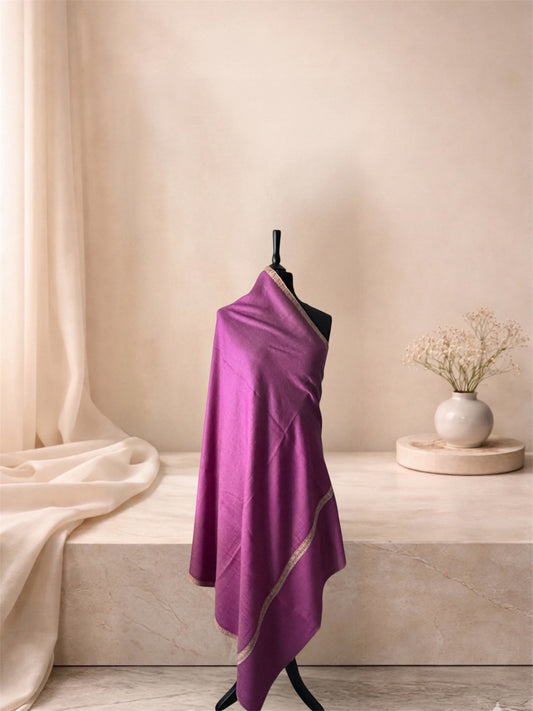 Orchid purple pashmina shawl with gold border draped on a mannequin, side view
