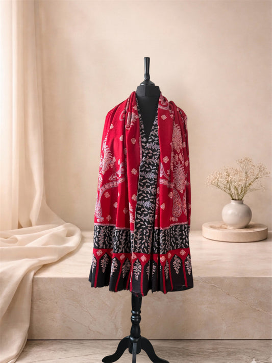 Kalamkari red and black hand-painted pashmina shawl worn over the shoulders, front view