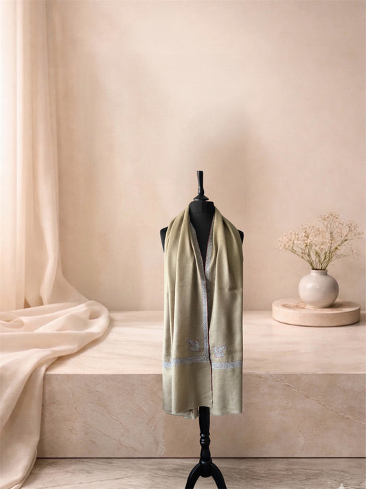 Stone beige pashmina shawl with Sozni border worn over the shoulders, front view