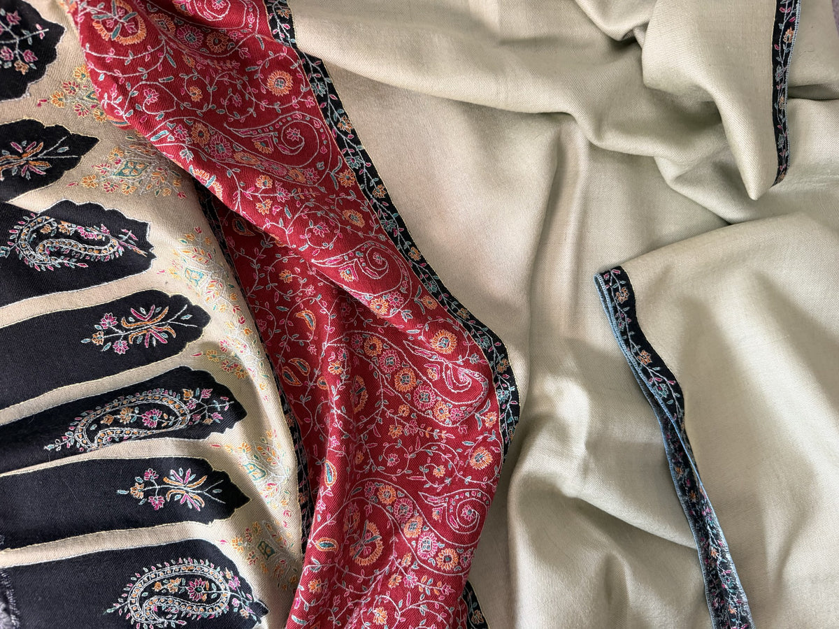 Close-up of Kalamkari hand-painted red band and black arches with Sozni paisleys on green pashmina