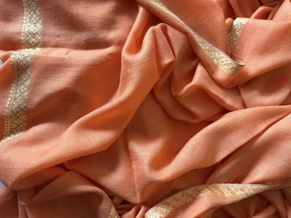 Close-up of gold Sozni lattice border on orange pashmina