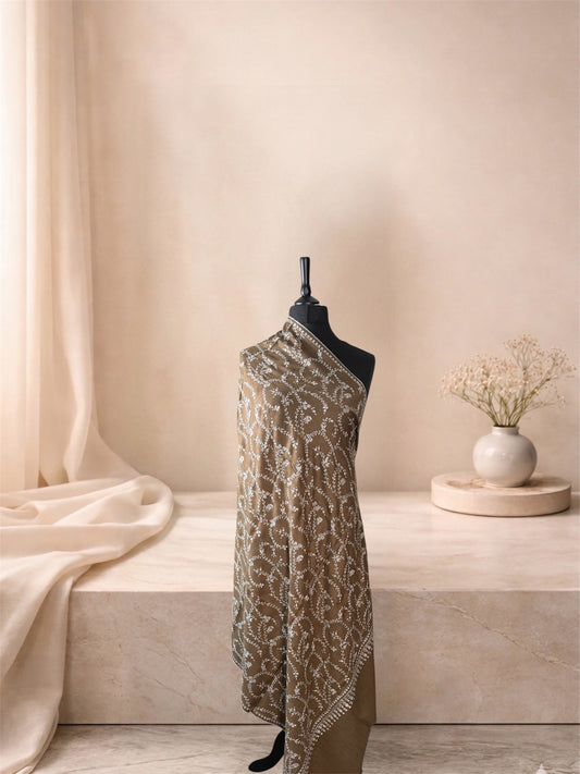 Olive brown pashmina shawl with ivory Sozni vine jaal draped on a mannequin, side view