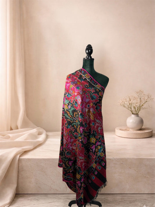 Black and crimson Kani pashmina shawl with floral jaal draped on a mannequin, side view