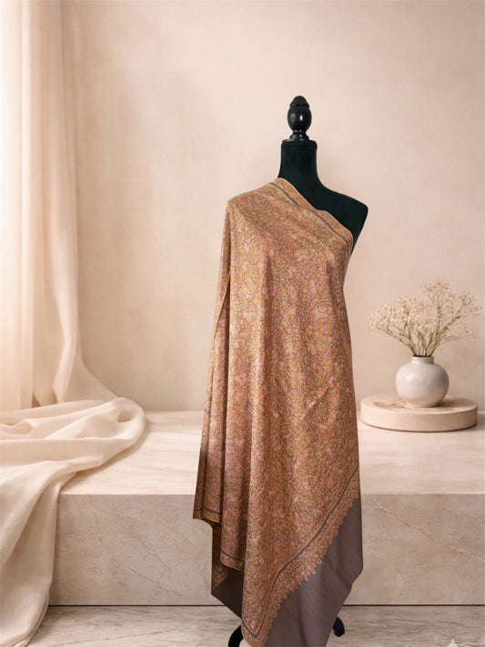 Grey pashmina shawl with all-over gold and rose Sozni jaal draped on a mannequin, side view